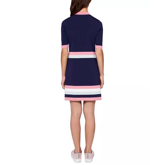 Ted Baker Colour by Numbers “Origami” Striped Knit Polo Dress Navy Pink Size 1 - Picture 2 of 12